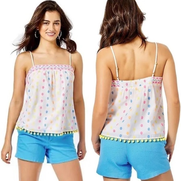 Lilly Pulitzer Byrde Top, Embroidered with Pom-Pom Hem, Adjustable Straps, XS - Picture 8 of 11